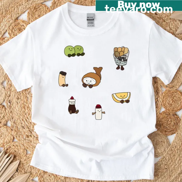 Cartoon Fish and Chips plushies on a cute t-shirt