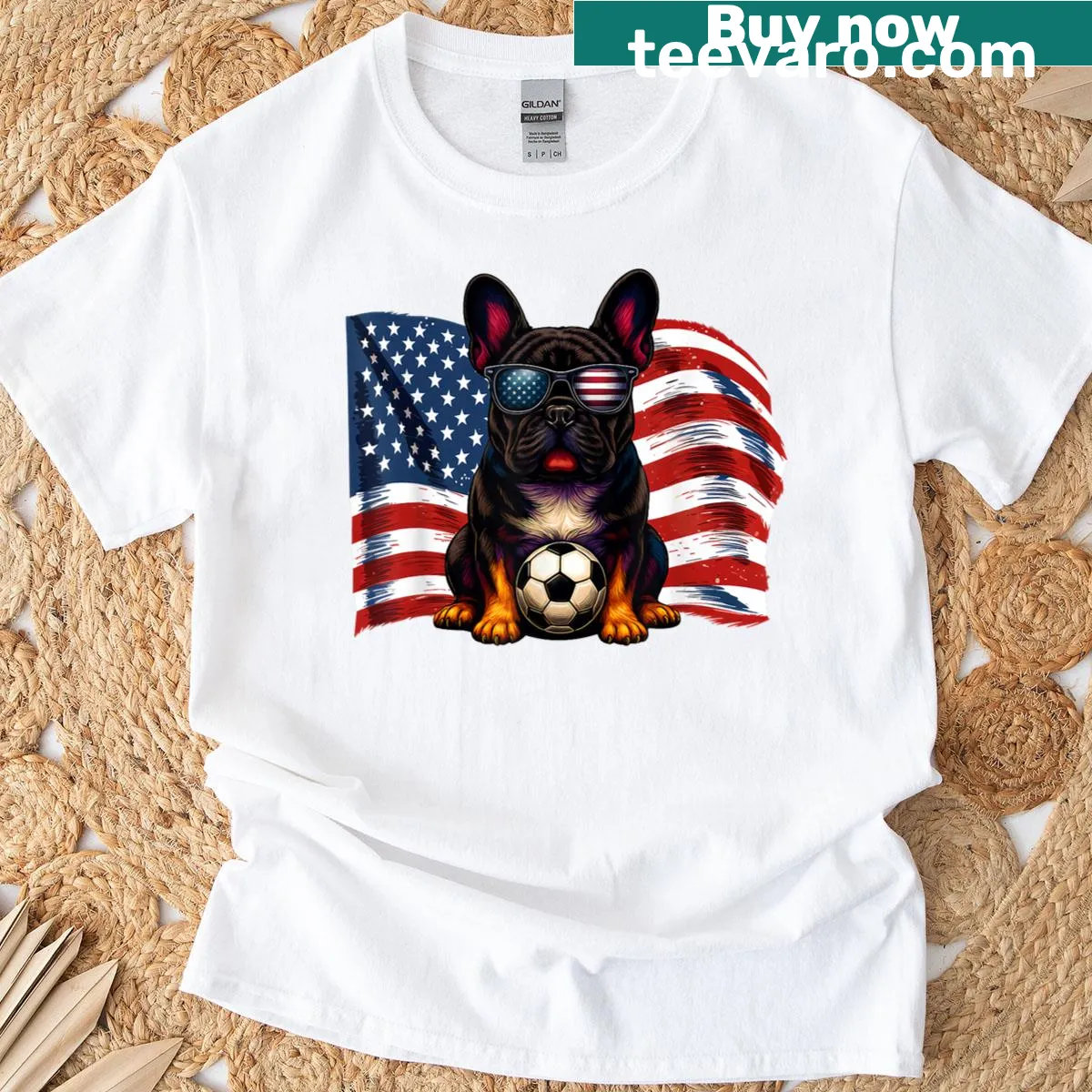 French Bulldog graphic T-shirt with soccer theme — on a men's t-shirt