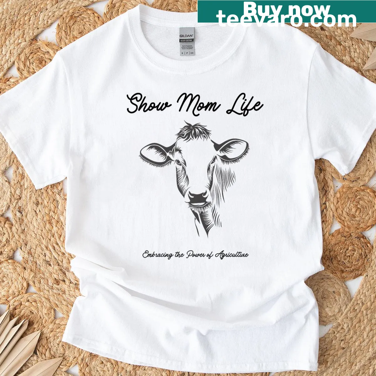 Show Mom Life graphic T-shirt with cattle theme — on a men's t-shirt