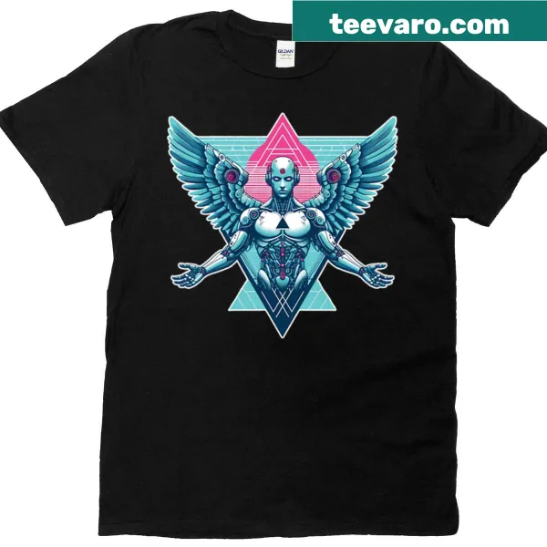Illustration of a cyber-inspired angel on a t-shirt
