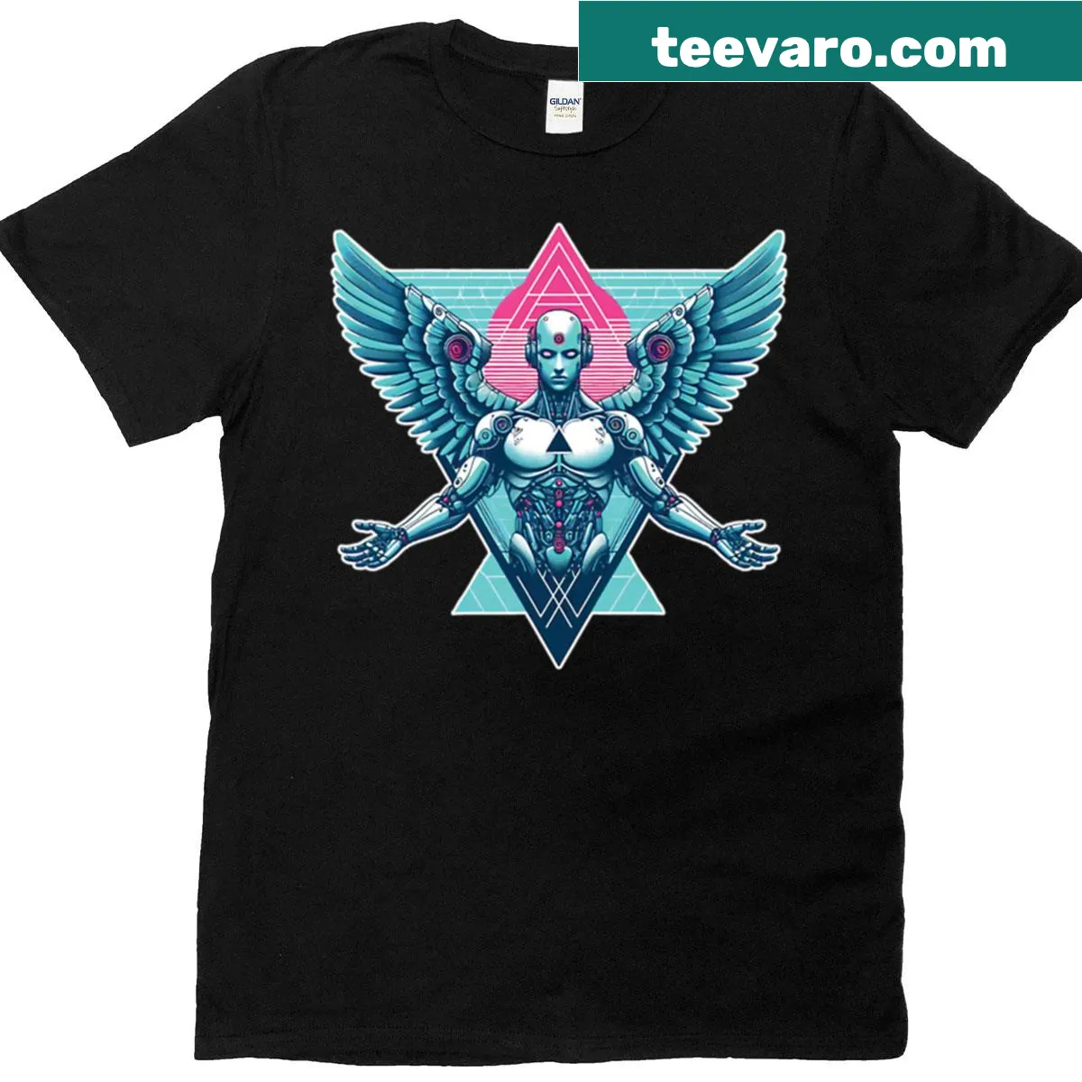 Illustration of a cyber-inspired angel on a t-shirt — on a men's t-shirt