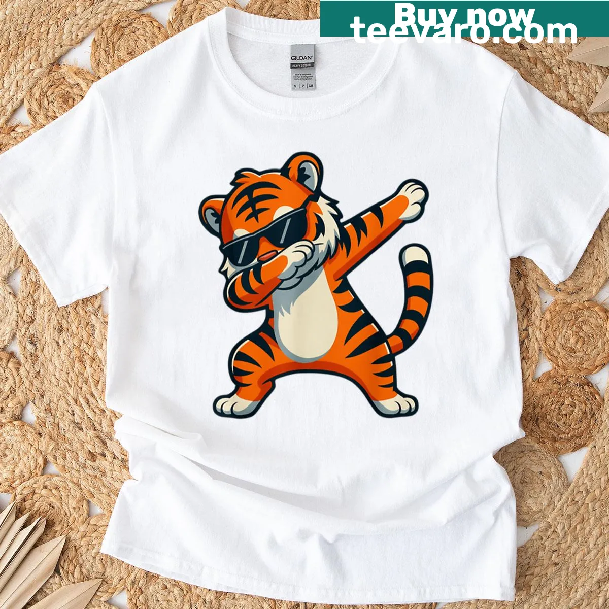 Cartoon dabbing tiger wearing sunglasses on a t-shirt — on a men's t-shirt
