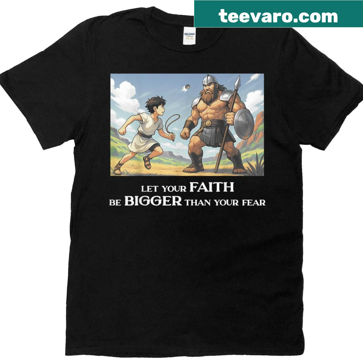 Inspirational David and Goliath graphic on a T-shirt — on a men's t-shirt