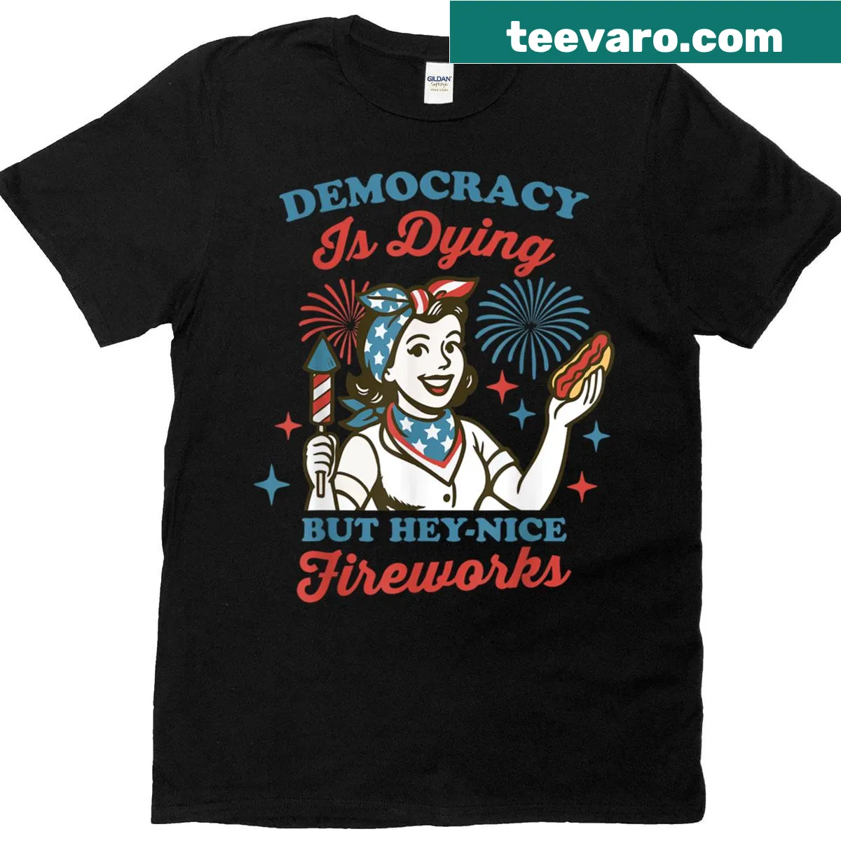 Witty graphic t-shirt combining fireworks and democracy themes — on a men's t-shirt