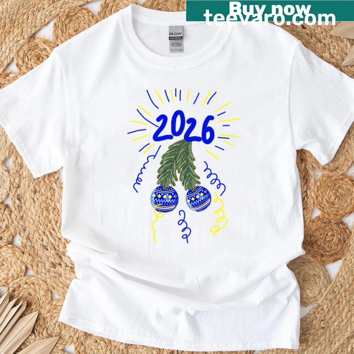 Typography tee wishing Happy New Year and Merry Christmas 2026 — on a men's t-shirt
