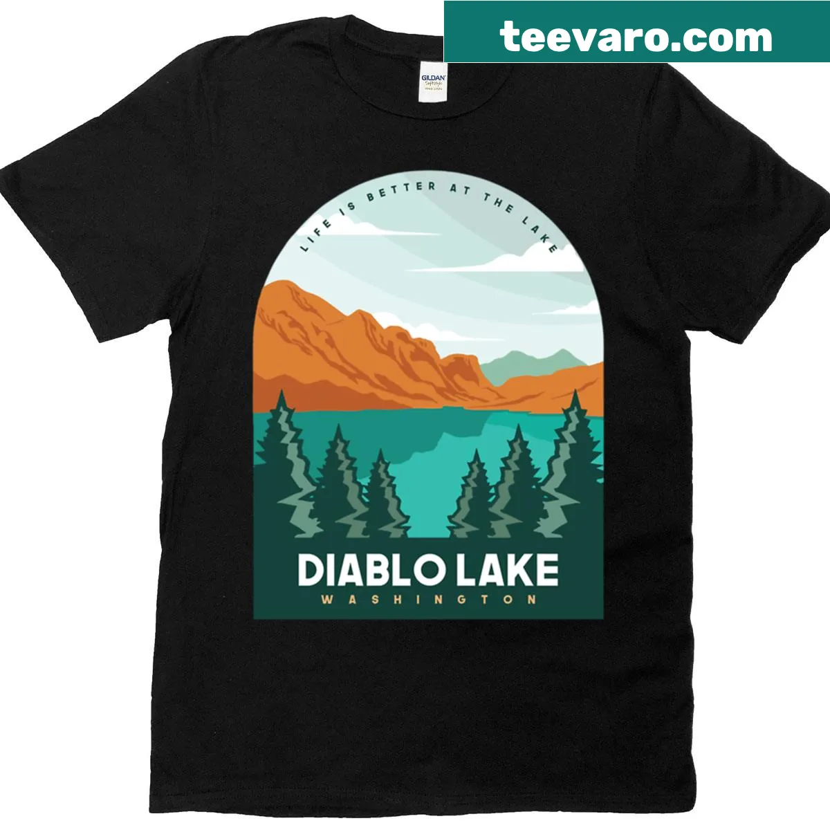 Illustration of Diablo Lake with mountains and pine trees — on a men's t-shirt
