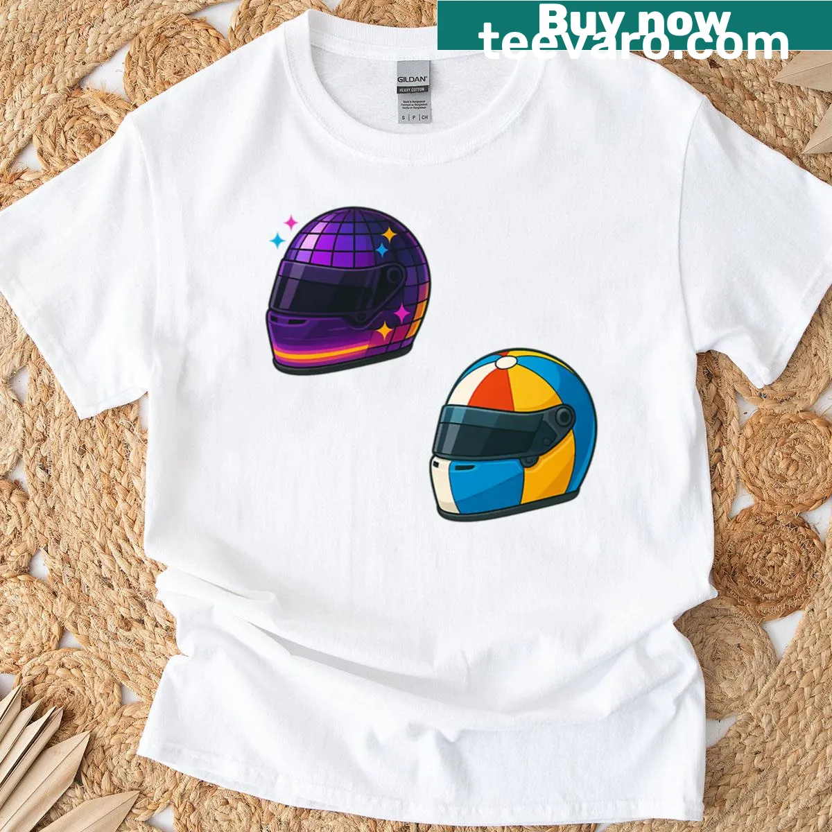 T-shirt featuring a fun disco beach ball helmet illustration — on a men's t-shirt