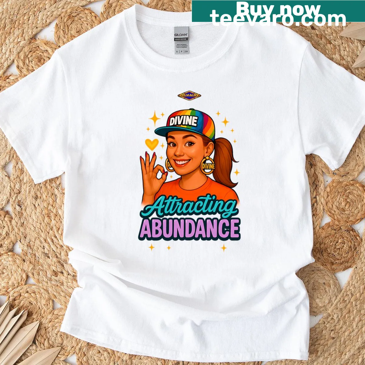 Uplifting graphic T-shirt promoting abundance vibes for women — on a men's t-shirt