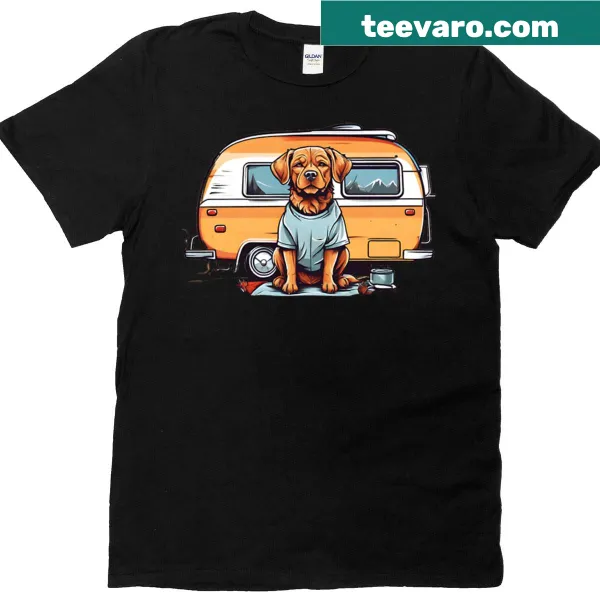 Charming dog illustration in front of a camper on a t-shirt