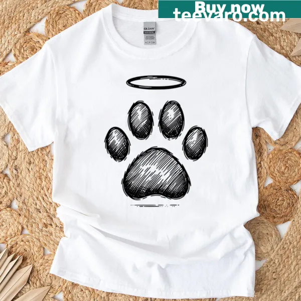Vintage sketched T-shirt with a dog paw and halo design