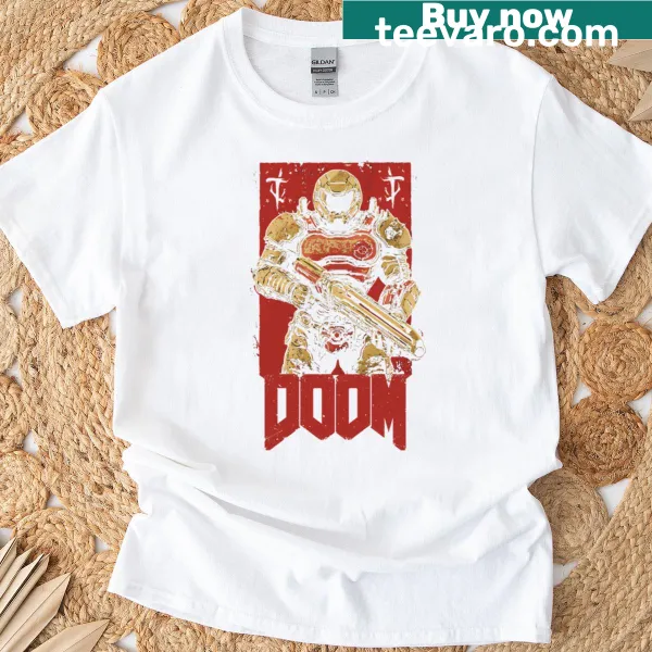 T-shirt featuring a detailed illustration of Doom Slayer character.