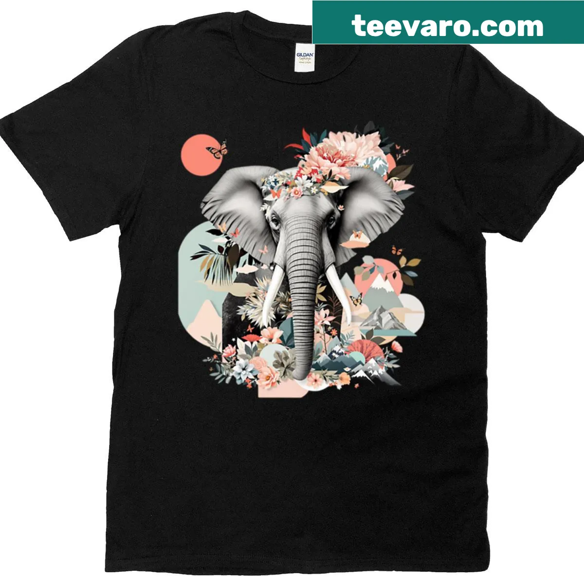 Floral collage design featuring an elephant on a t-shirt — on a men's t-shirt