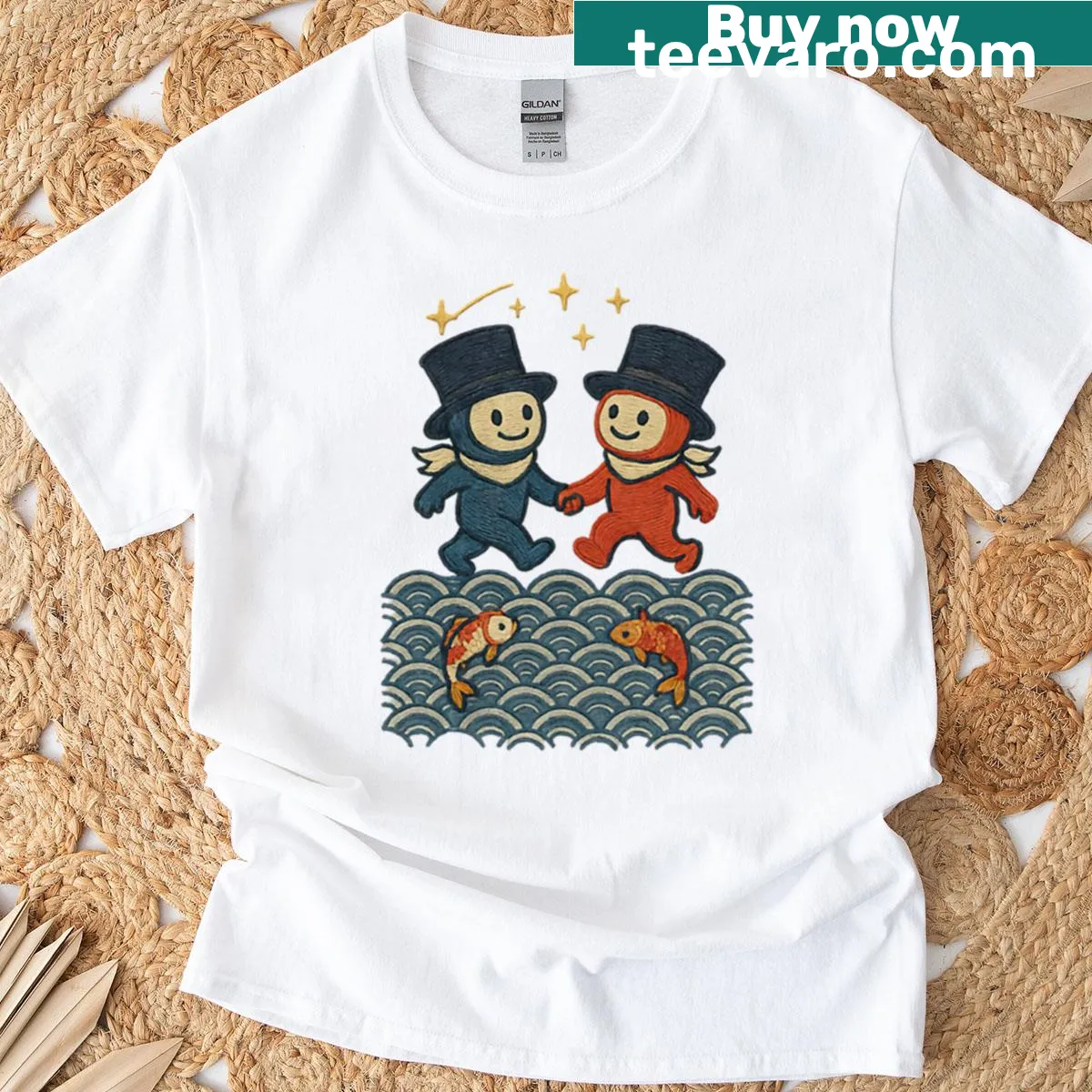 T-shirt with cute couple walking over waves and embroidered koi design. — on a men's t-shirt