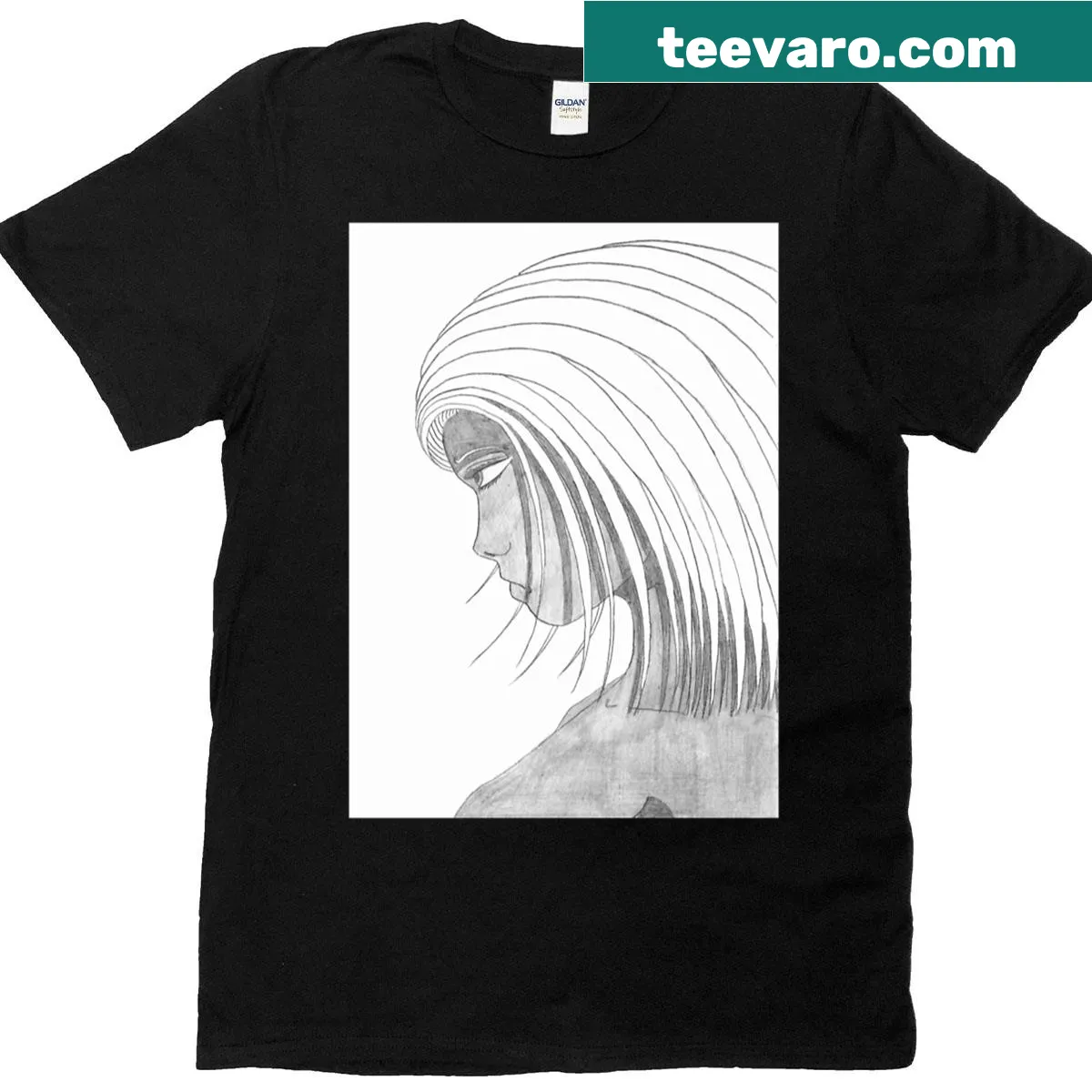 Minimalist black and white line-art drawing of a face on a t-shirt — on a men's t-shirt