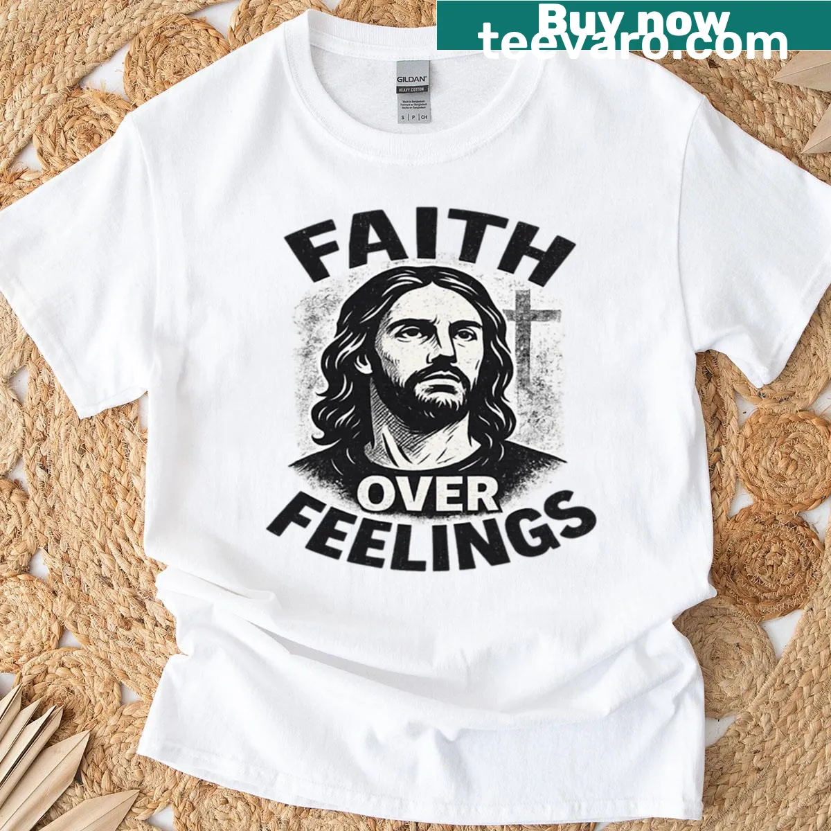 Vintage Christian T-shirt with 'Faith Over Feelings' text — on a men's t-shirt