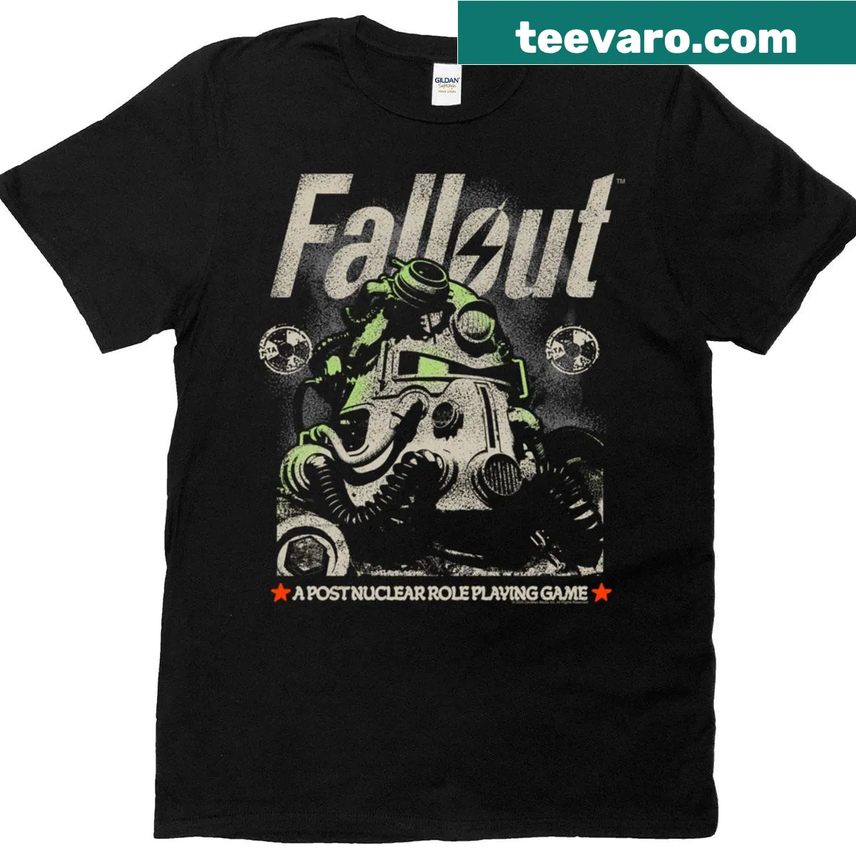 Distressed character portrait from Fallout video game on t-shirt — on a men's t-shirt