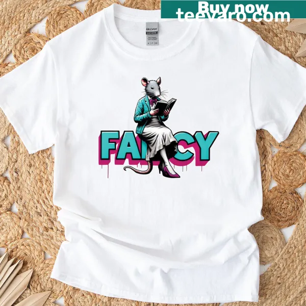 Cute librarian rat illustration on a t-shirt surrounded by books