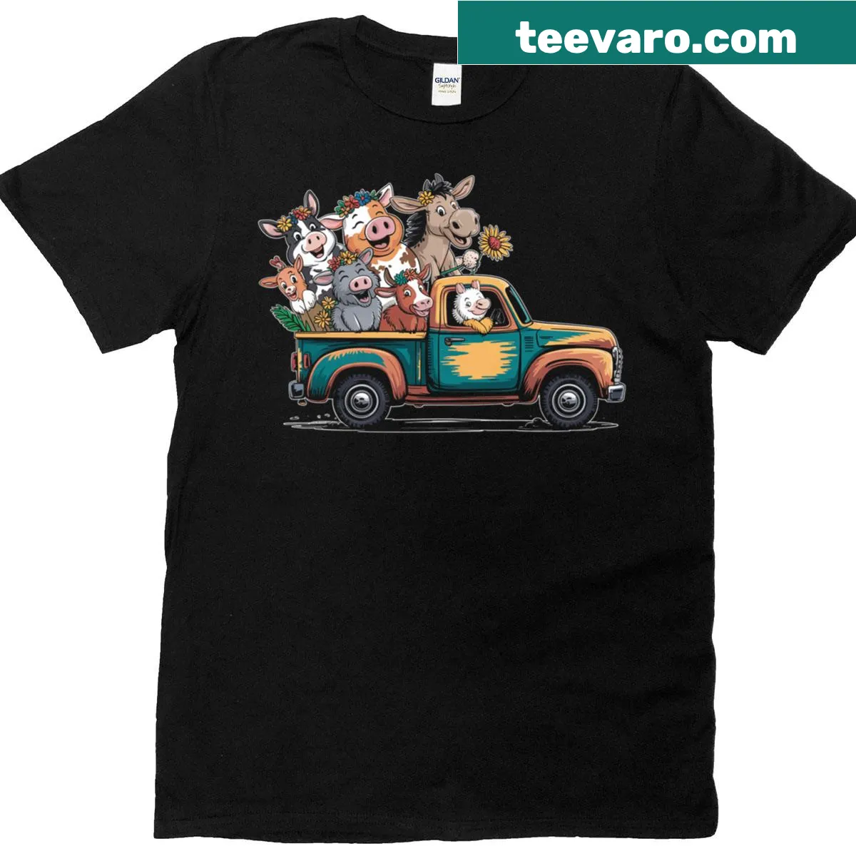 Illustration of a pickup truck with farm animals on a t-shirt — on a men's t-shirt