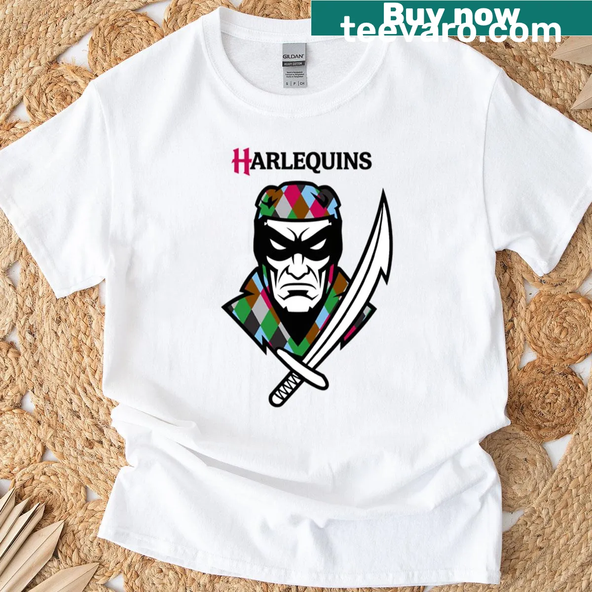 Abstract harlequin design t-shirt with bold typography — on a men's t-shirt