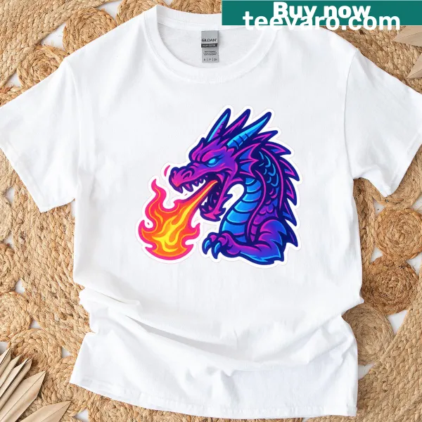 T-shirt with an illustration of a fierce fire-breathing dragon.