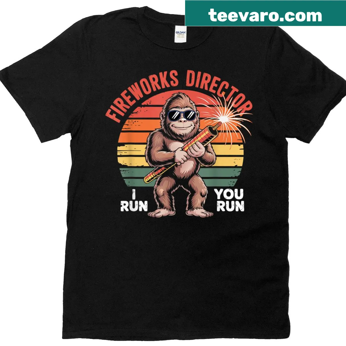 Funny Bigfoot T-shirt with fireworks design for Fourth of July — on a men's t-shirt