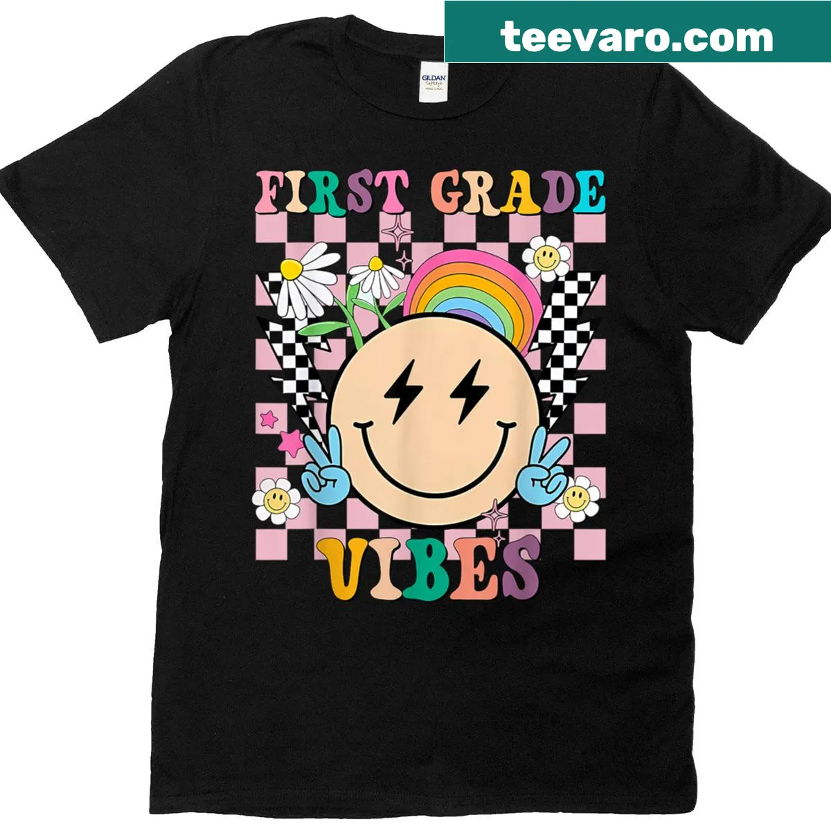 Happy face graphic t-shirt for first graders — on a men's t-shirt