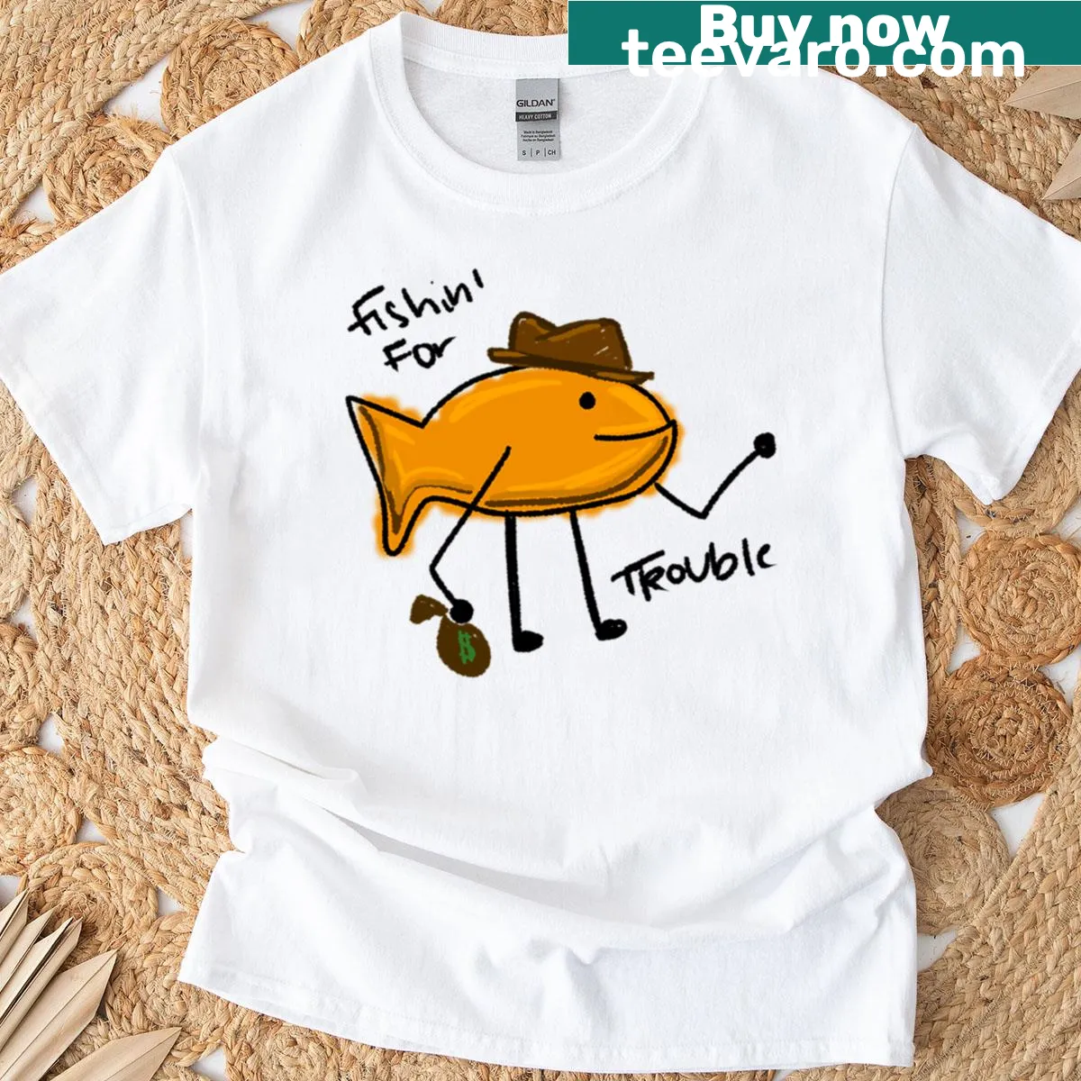 Goldfish in cowboy attire with humorous text on t-shirt — on a men's t-shirt