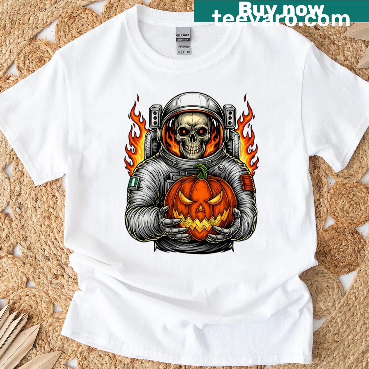 Flaming skeleton astronaut holding a pumpkin in a spooky Halloween design — on a men's t-shirt