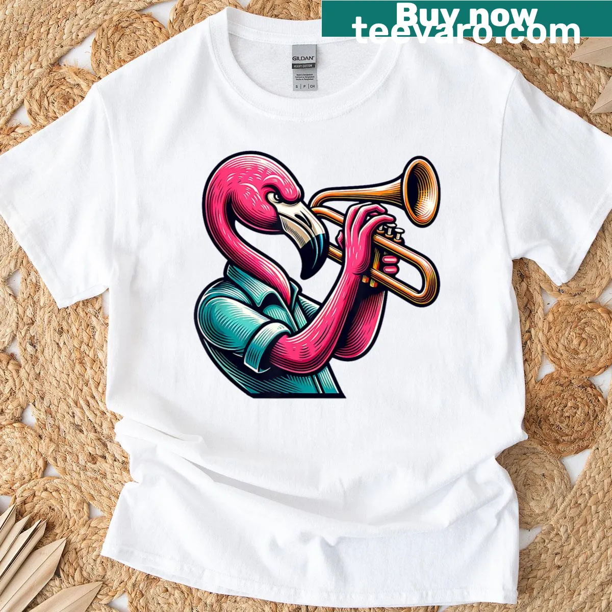T-shirt featuring a flamingo playing trumpet in a playful style. — on a men's t-shirt