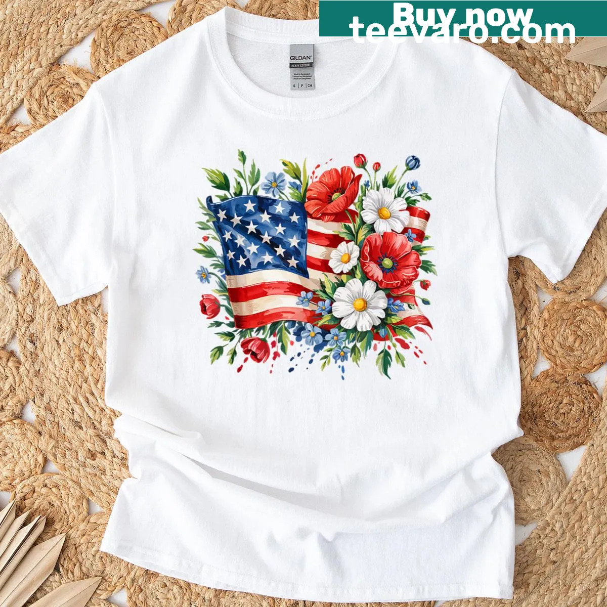Floral American flag design on a t-shirt for patriotic occasions — on a men's t-shirt
