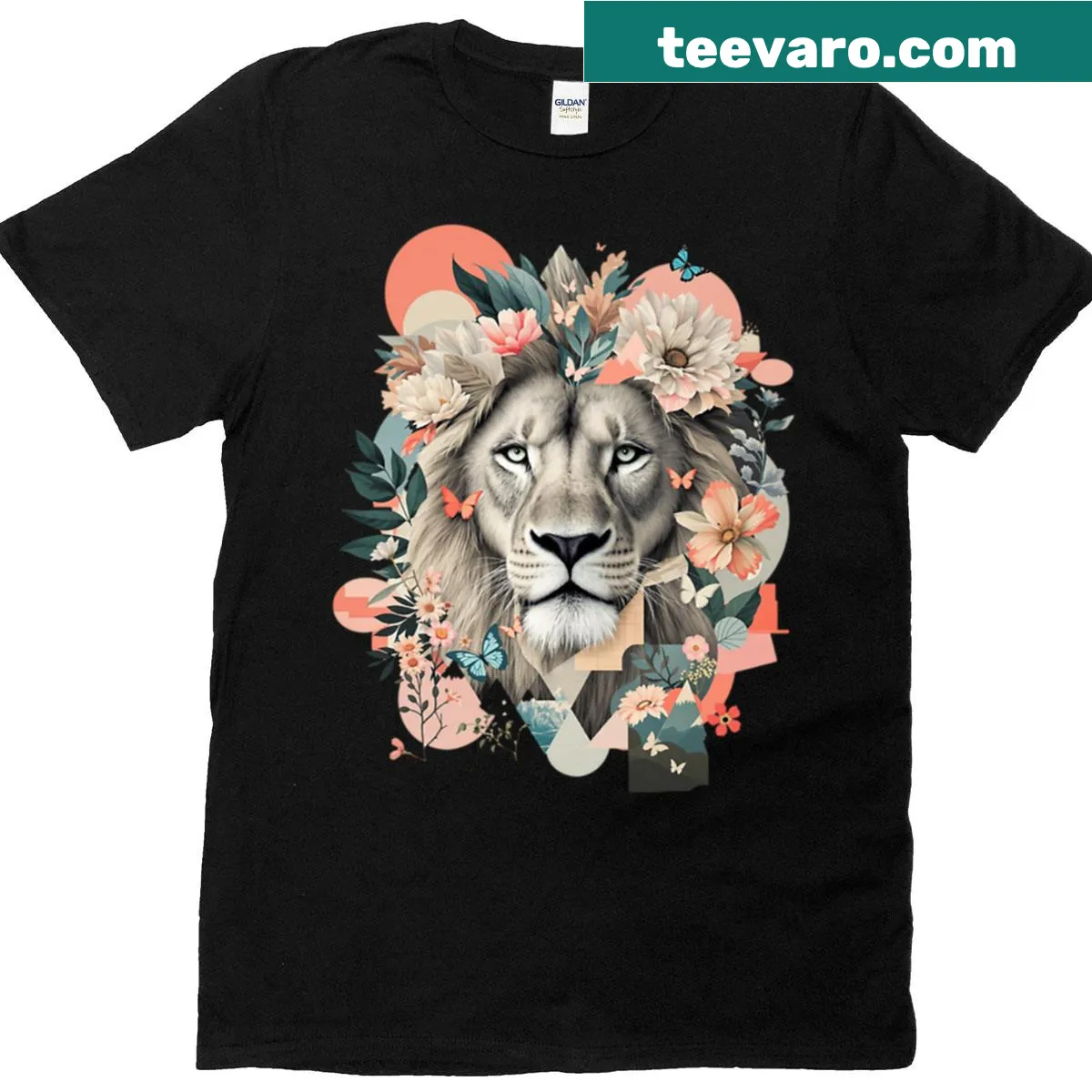 Floral collage of a lion illustrating its majesty — on a men's t-shirt