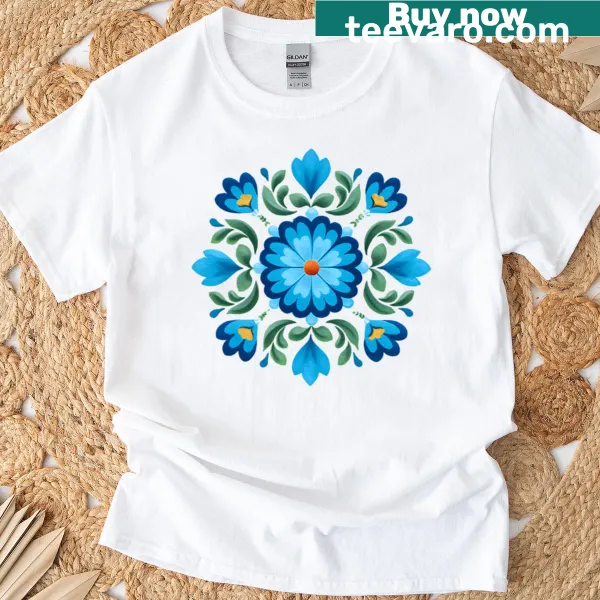 Blue floral mandala pattern on a stylish t-shirt