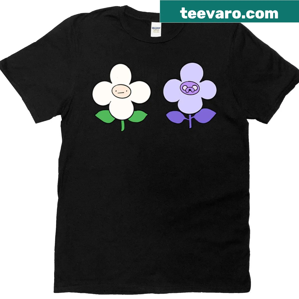 Finn and Jake T-shirt with a floral design featuring the characters — on a men's t-shirt