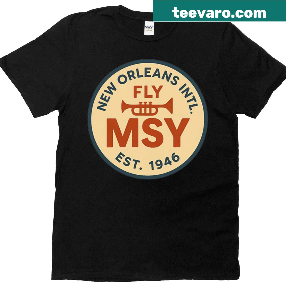Vintage New Orleans Airport T-shirt with trumpet graphic — on a men's t-shirt