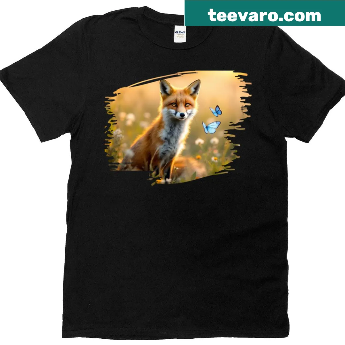 Fox in a field with a butterfly graphic on a T-shirt — on a men's t-shirt
