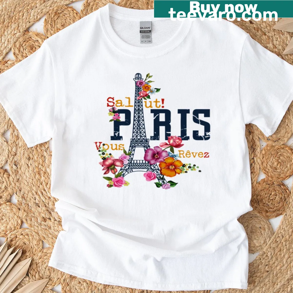 T-shirt featuring Salut Vous Revez text with a Parisian theme — on a men's t-shirt