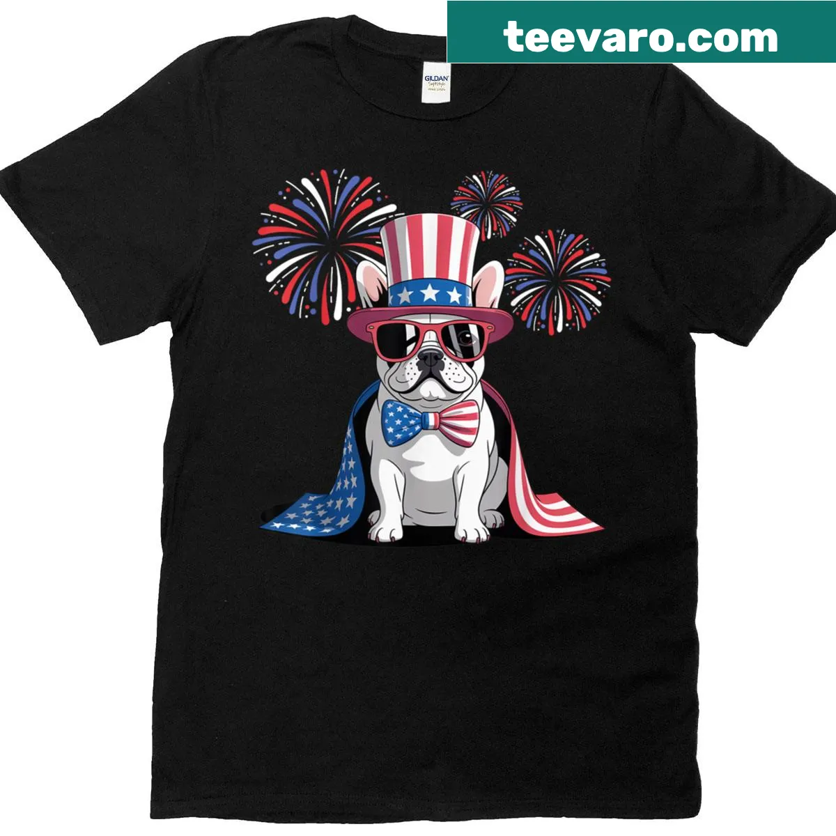 Illustration of a French Bulldog excited for fireworks with festive text — on a men's t-shirt