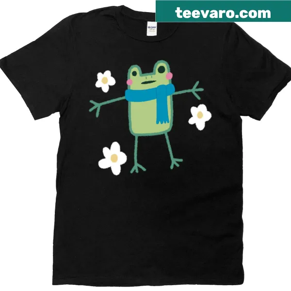 Illustrative T-shirt featuring a frog in a field of daisies