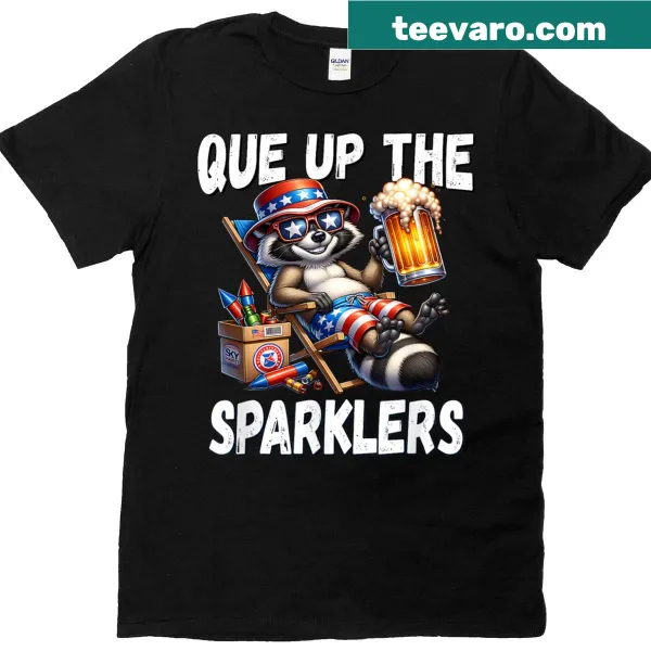 Funny T-shirt with a raccoon and sparklers design for Fourth of July
