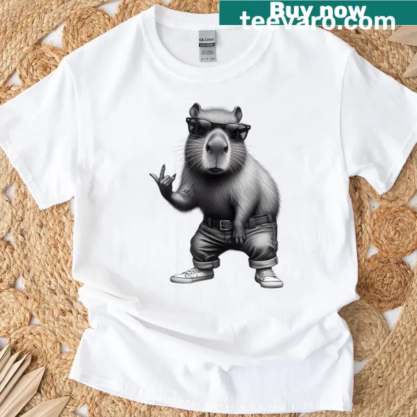 Capybara in sunglasses enjoying music, humorous graphic
