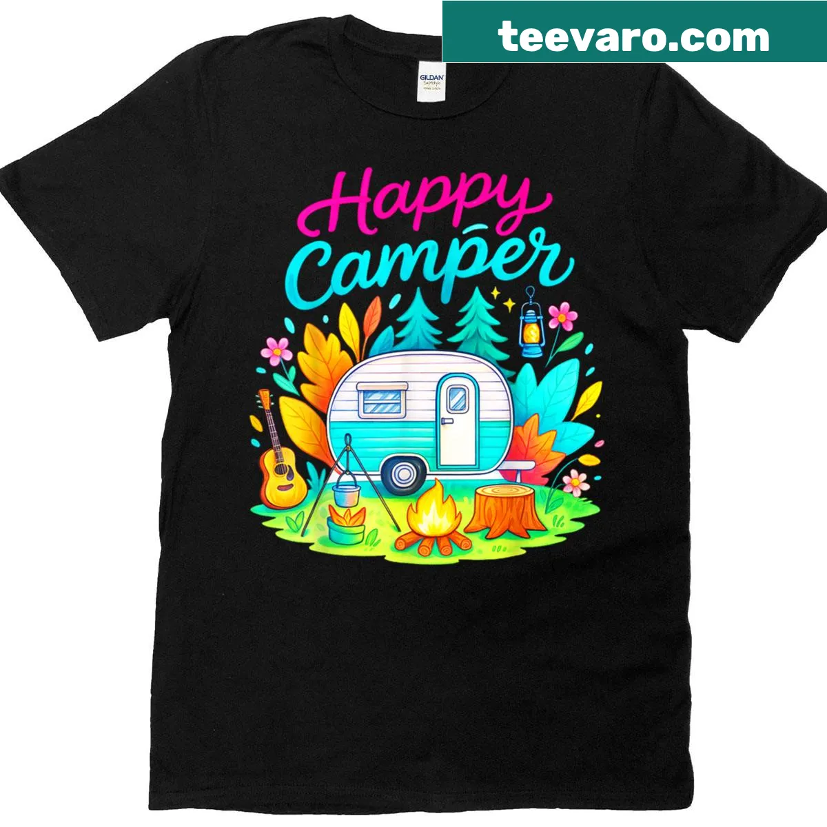 Happy camper T-shirt featuring a cheerful trailer illustration — on a men's t-shirt