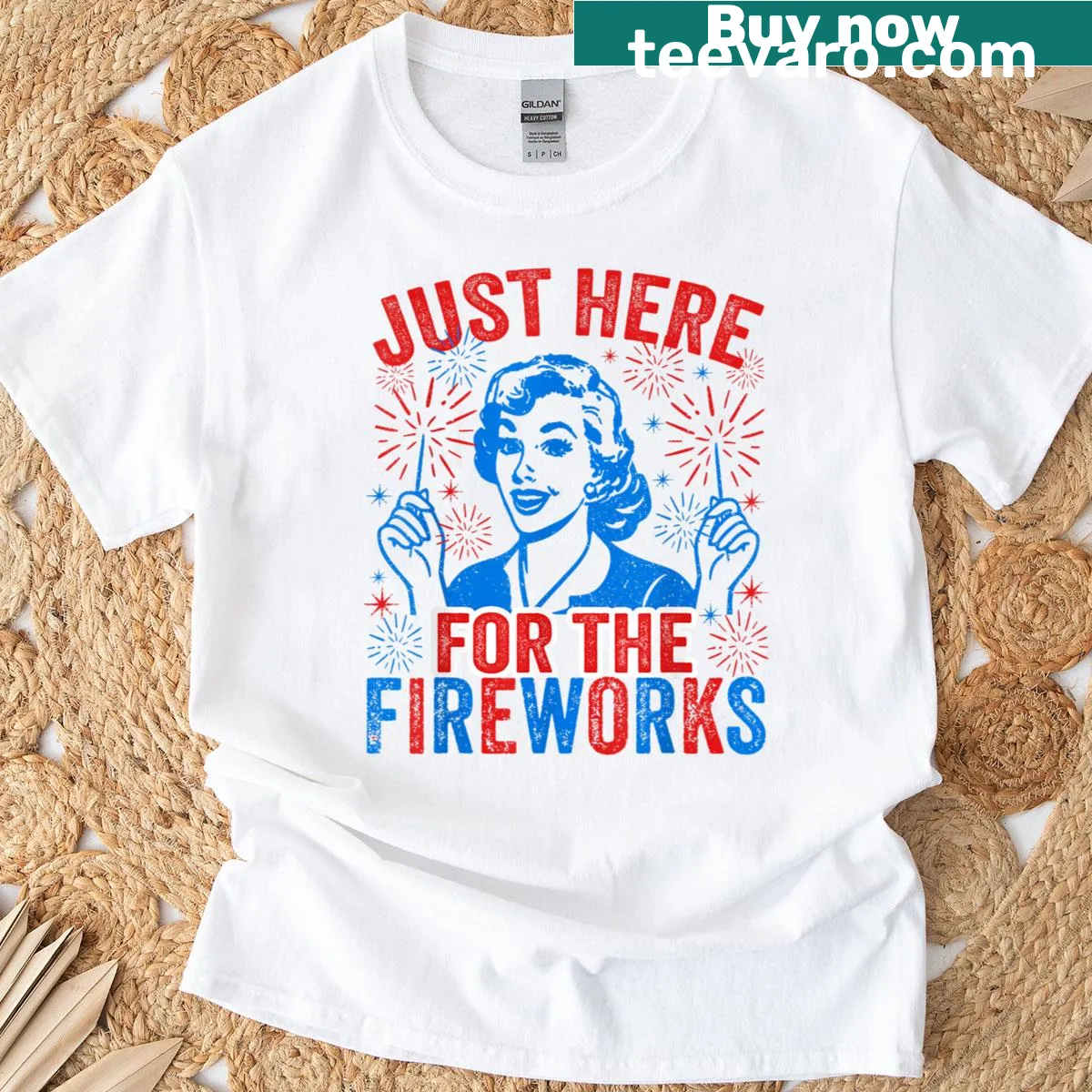 Funny T-shirt for 4th of July with fireworks theme and playful text — on a men's t-shirt
