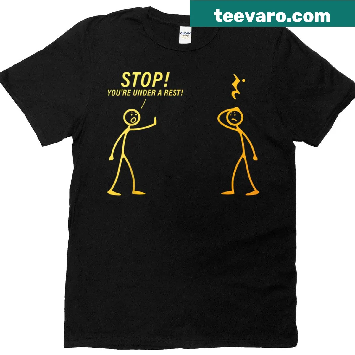 Funny music-themed shirt with notes and whimsical typography — on a men's t-shirt