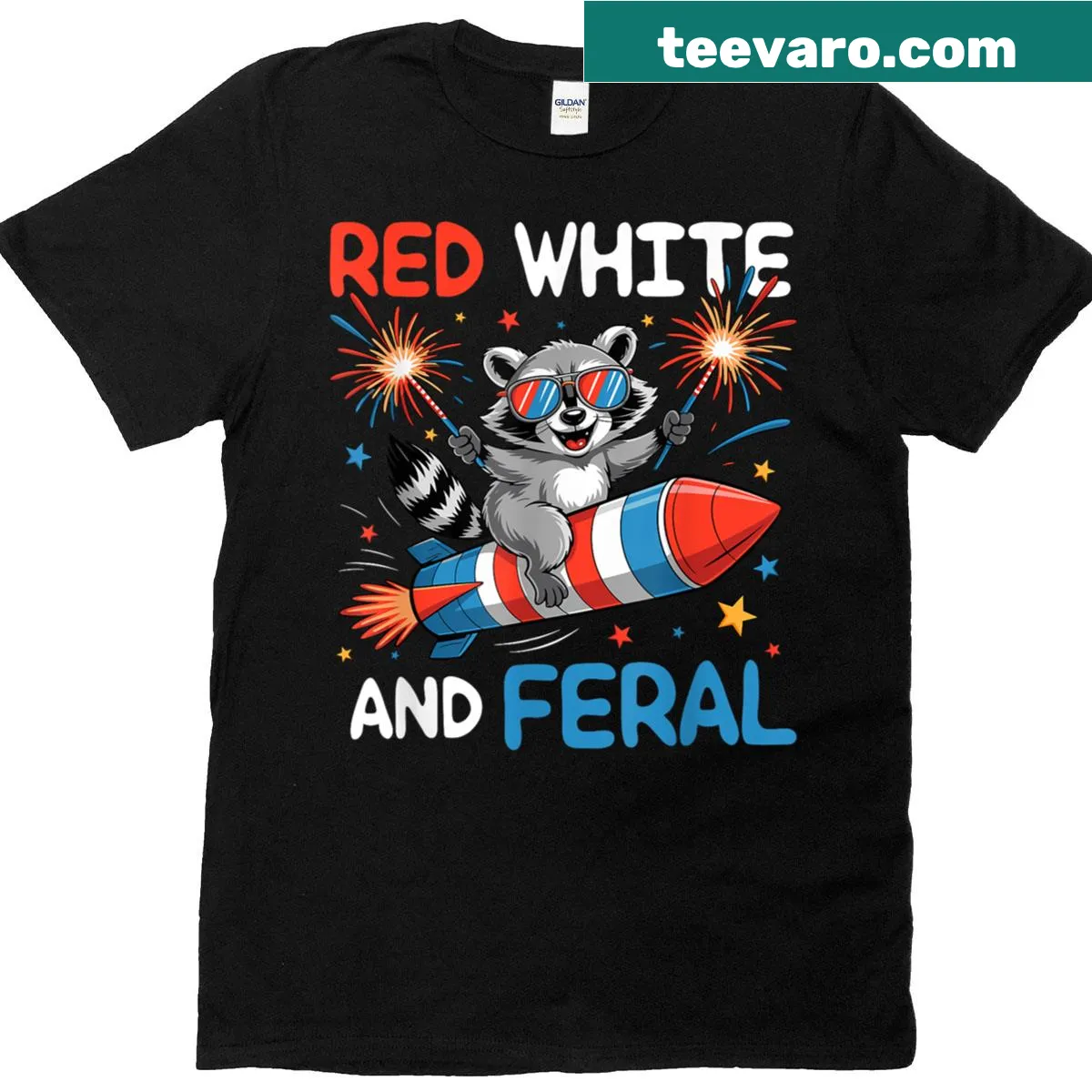 Humorous Fourth of July T-shirt with a feral raccoon illustration — on a men's t-shirt