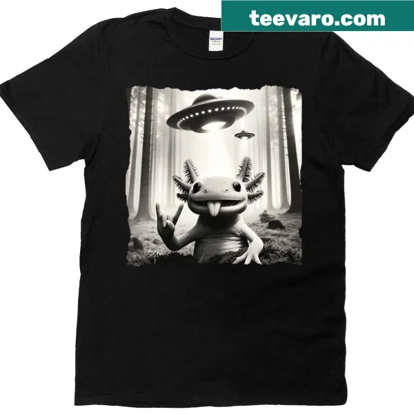 Cartoon axolotl and UFO themed t-shirt with humorous selfie design