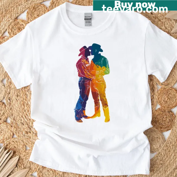 T-shirt featuring kissing cowboys and rainbow pride design
