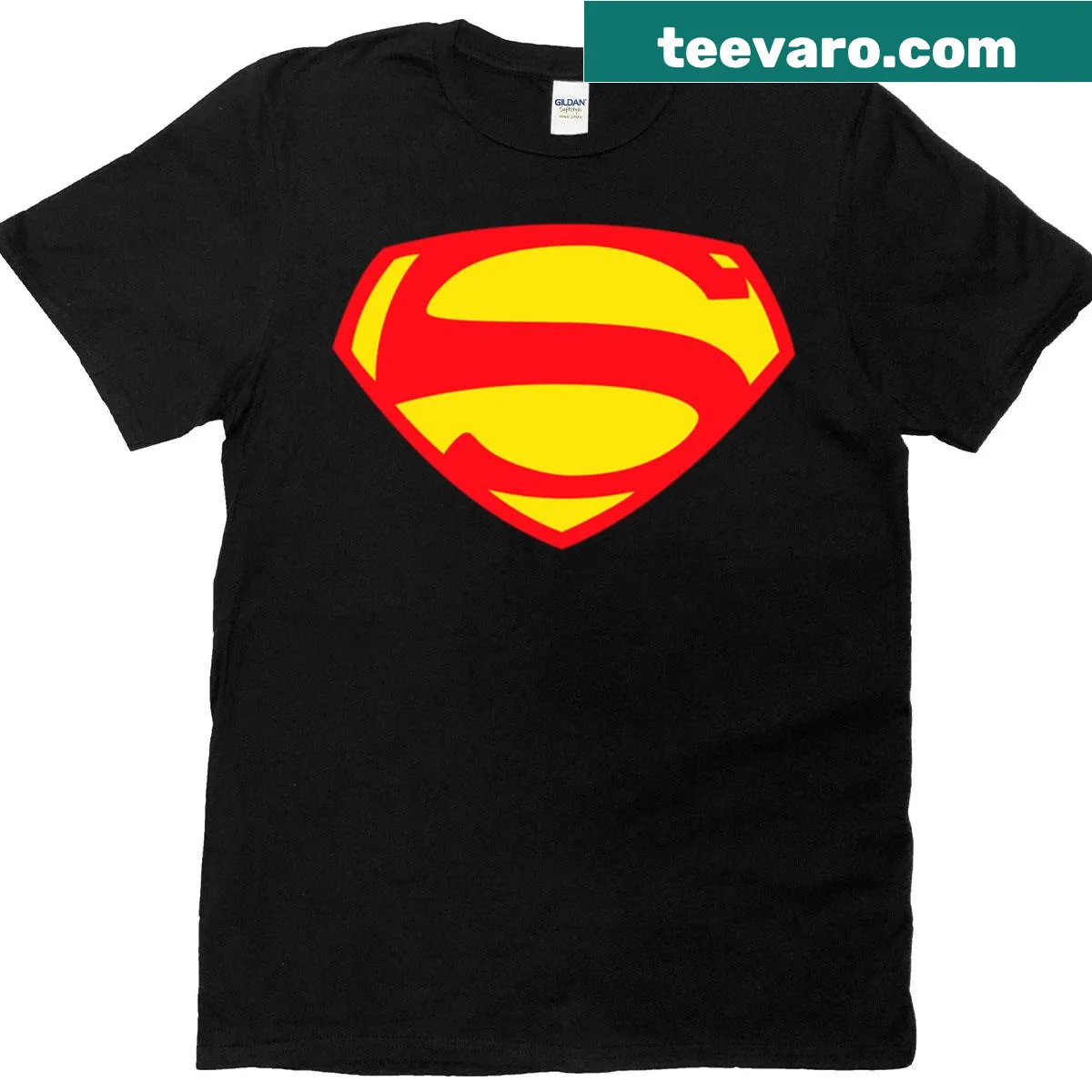 Vintage superhero shield logo graphic T-shirt — on a men's t-shirt