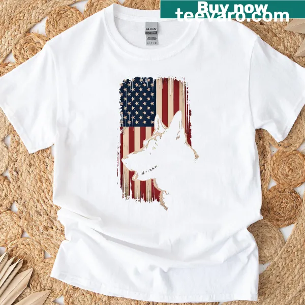 Patriotic German Shepherd and American flag graphic on a t-shirt