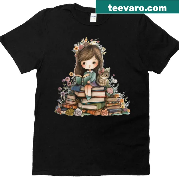 Illustration of a girl reading with her cat on T-shirt