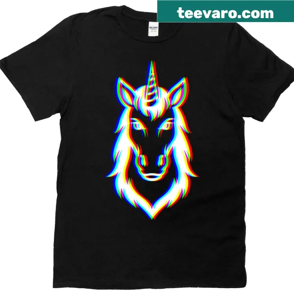 Illustration of a glitch unicorn with abstract elements on a shirt